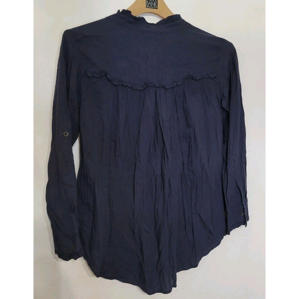 Sundance Navy Blue Button Up Ruffle Blouse Womens PXS Long Sleeve Viscose Top - Picture 2 of 11